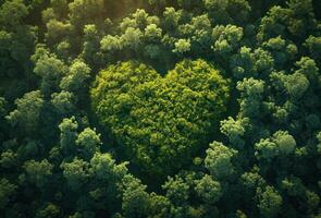 ai generado generativo ai, verde bosque con corazón forma, hermosa paisaje con blanco nubes, ambiente amor planeta concepto foto