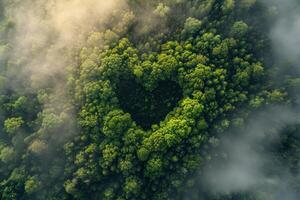 ai generado generativo ai, verde bosque con corazón forma, hermosa paisaje con blanco nubes, ambiente amor planeta concepto foto