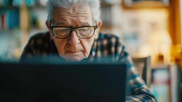 AI generated Generative AI, Senior man working with a laptop computer at the table, wearing glasses, learning to use a computer photo