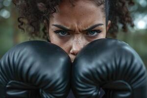 ai generado generativo ai, mujer formación boxeo vistiendo boxeo guantes, hembra Boxer foto