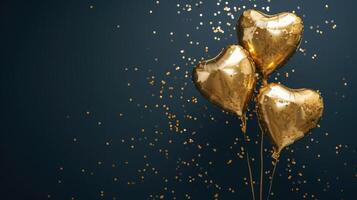 AI generated Generative AI, Foil golden balloons in heart shape and confetti for Valentine's day or wedding with copy space photo