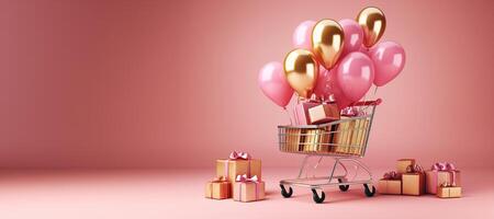 ai generado generativo ai, dorado y rosado compras carro con muchos regalo cajas en rosado fondo, San Valentín día concepto, descuento y venta. foto