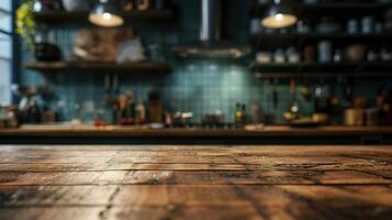 ai generado generativo ai, vacío de madera mesa en borroso moderno cocina antecedentes con Copiar espacio foto