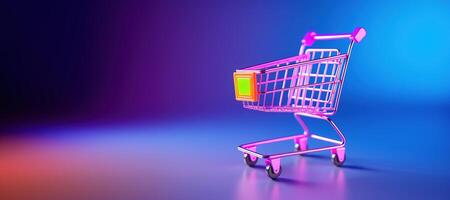 AI generated Generative AI, shopping cart on neon gradient background, 80s and 90s style, minimalistic shop online, free delivery, discounts and sale concept. photo