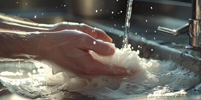 ai generado generativo ai, persona Lavado manos con jabón y agua a hundir, higiene concepto foto