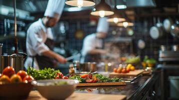 AI generated Generative AI, busy chefs working on the restaurant kitchen , blurred background photo