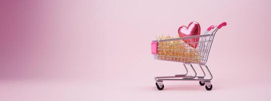 AI generated Generative AI, shopping cart with big heart inside, Valentine day concept, discount and sale. photo