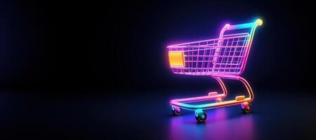 AI generated Generative AI, neon shopping cart on dark background, 80s and 90s style, minimalistic shop online, free delivery, discounts and sale concept. photo