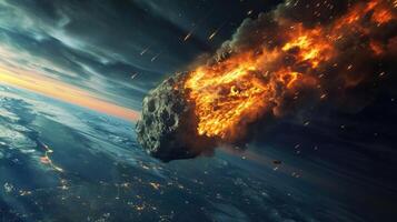 AI generated Generative AI, Asteroid is flying to the Earth, fired meteor, impact Earth photo