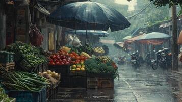 ai generado generativo ai, tradicional oriental asiático mercado con frutas y vegetales debajo el lluvia con paraguas foto