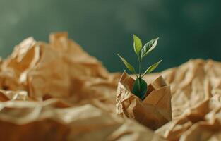 ai generado generativo ai, planta brote con verde hojas creciente desde reciclado papel. ecológico, cero desperdiciar, el plastico gratis y ambiente concepto foto