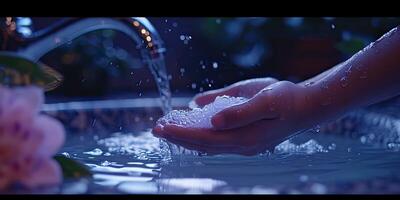 AI generated Generative AI, person washing hands with soap and water at sink, hygiene concept photo