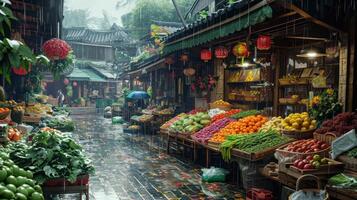 AI generated Generative AI, Traditional oriental asian market with fruits and vegetables under the rain with umbrellas photo