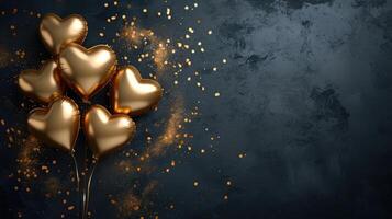 AI generated Generative AI, Foil golden balloons in heart shape and confetti for Valentine's day or wedding with copy space photo