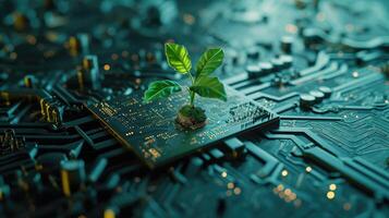 AI generated Generative AI, Plant growing from the circuit board. Ecology and environment concept photo