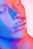 AI generated Generative AI, woman face in iridescent colors liquid, fluid, futuristic alien style, closeup photo