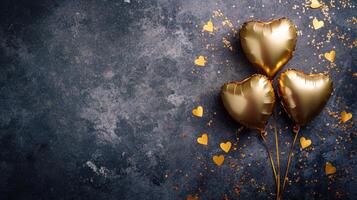 AI generated Generative AI, Foil golden balloons in heart shape and confetti for Valentine's day or wedding with copy space photo