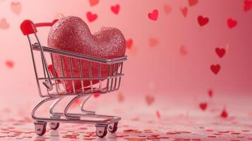 AI generated Generative AI, shopping cart with big heart inside, Valentine day concept, discount and sale. photo