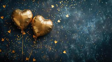 AI generated Generative AI, Foil golden balloons in heart shape and confetti for Valentine's day or wedding with copy space photo