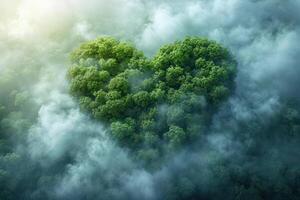 ai generado generativo ai, verde bosque con corazón forma, hermosa paisaje con blanco nubes, ambiente amor planeta concepto foto