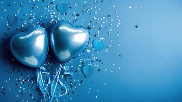 AI generated Generative AI, Foil blue balloons in heart shape and confetti for Valentine's day or wedding with copy space photo