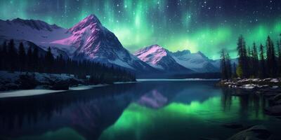 AI generated Generative AI, Green and pink northern lights above snowy mountains, winter landscape, aurora and reflection on the water surface photo