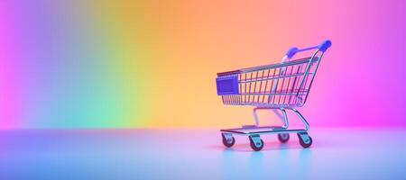 AI generated Generative AI, shopping cart on neon gradient background, 80s and 90s style, minimalistic shop online, free delivery, discounts and sale concept. photo