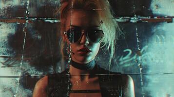 ai generado generativo ai, modelo mujer retrato en cyberpunk estilo, foto con dañado granoso textura