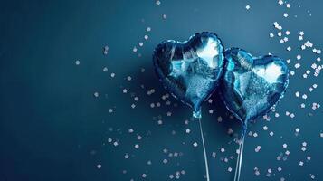 AI generated Generative AI, Foil blue balloons in heart shape and confetti for Valentine's day or wedding with copy space photo