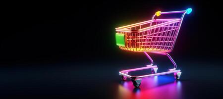 AI generated Generative AI, neon shopping cart on dark background, 80s and 90s style, minimalistic shop online, free delivery, discounts and sale concept. photo