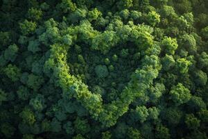 ai generado generativo ai, verde bosque con corazón forma, hermosa paisaje con blanco nubes, ambiente amor planeta concepto foto