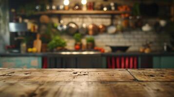 ai generado generativo ai, vacío de madera mesa en borroso moderno cocina antecedentes con Copiar espacio foto