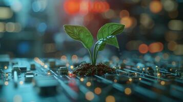 AI generated Generative AI, Plant growing from the circuit board. Ecology and environment concept photo