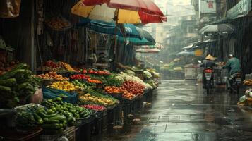 ai generado generativo ai, tradicional oriental asiático mercado con frutas y vegetales debajo el lluvia con paraguas foto