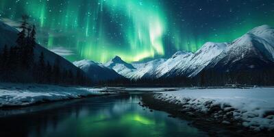 AI generated Generative AI, Green and pink northern lights above snowy mountains, winter landscape, aurora and reflection on the water surface photo