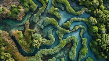 ai generado generativo ai, aéreo ver de laberinto vías fluviales, zumbido foto, hermosa paisaje foto