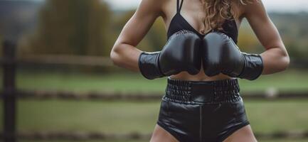 ai generado generativo ai, mujer formación boxeo vistiendo boxeo guantes, hembra Boxer foto