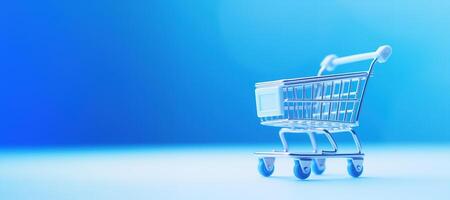 AI generated Generative AI, empty shopping cart on blue background, minimalistic shop online, free delivery, discounts and sale concept. photo