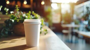 AI generated Generative AI, White paper cup on the table in the coffee shop interior, mug mock up blank. photo