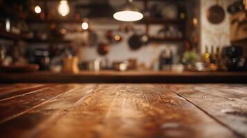 ai generado generativo ai, vacío de madera mesa en borroso moderno cocina antecedentes con Copiar espacio foto