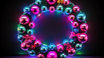 AI generated Generative AI, Christmas wreath in cyberpunk style, futuristic nostalgic 80s, 90s. Neon lights vibrant colors. photo