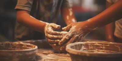 AI generated Generative AI, kid hands with clay making of a ceramic pot photo