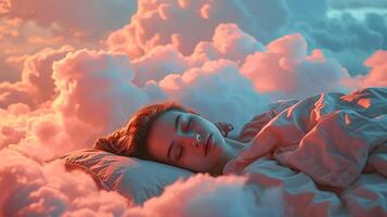 AI generated Generative AI, young woman are sleeping surrounded by fluffy cottony pink clouds in the sky photo