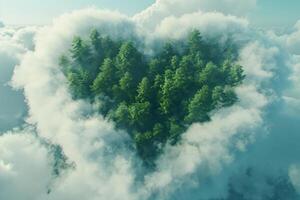 ai generado generativo ai, verde bosque con corazón forma, hermosa paisaje con blanco nubes, ambiente amor planeta concepto foto