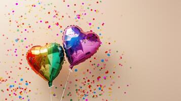 AI generated Generative AI, Foil LGBT rainbow flag colors balloons in heart shape and confetti for Valentine's day or wedding with copy space photo