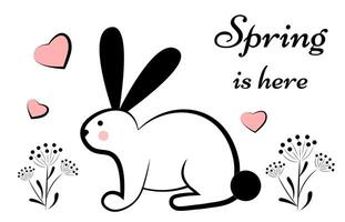 Spring rabbit among flowers. Doodle vector