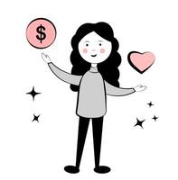 Love or money. A woman makes a choice. Doodle vector