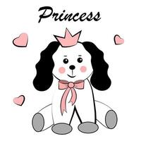 Cute dog in a crown on a white background. Doodle vector