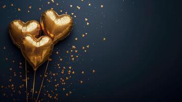 AI generated Generative AI, Foil golden balloons in heart shape and confetti for Valentine's day or wedding with copy space photo