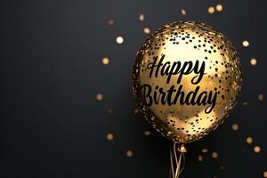 AI generated Generative AI, golden balloon with congratulation, Happy Birthday, black background photo